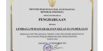 Lapas Kelas II A Pamekasan Raih Penghargaan Pelayanan Berbasis HAM