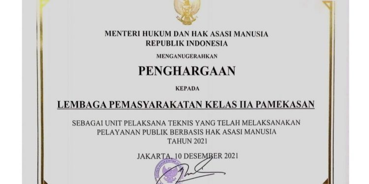 Lapas Kelas II A Pamekasan Raih Penghargaan Pelayanan Berbasis HAM